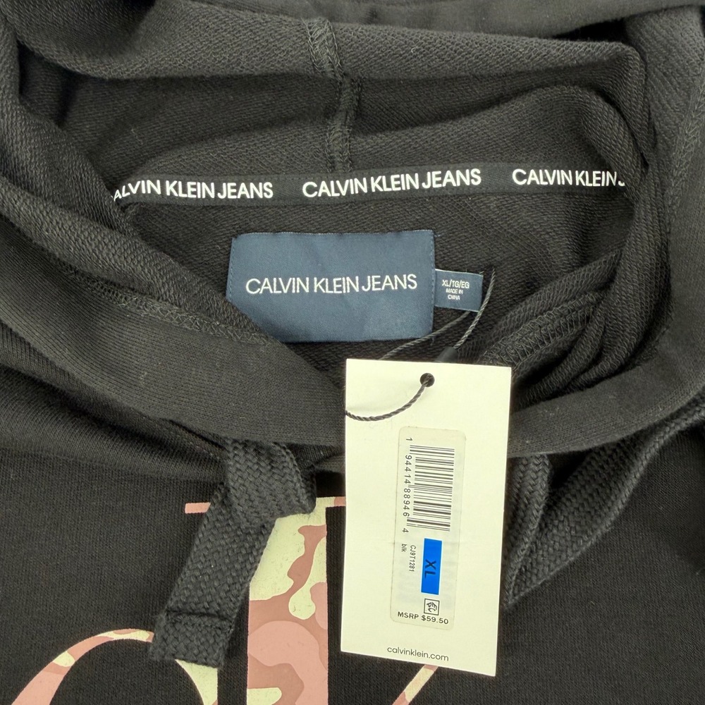 Calvin Klein Jeans Hoodie Womens XL Black New Camo Logo Cropped Raw Hem Pullover - Picture 3 of 7